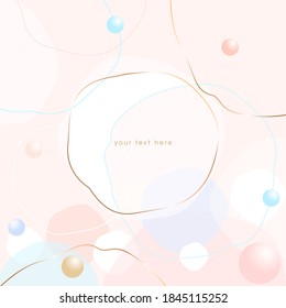 Vector design template for invitation, banner, card, cover, poster. Pastel colors hand drawn shapes, golden round line frame and balls on a nude background.
