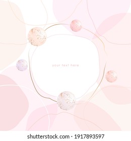 Plantilla de diseño de vectores para invitación, banner, tarjeta, portada, afiche. Forma rosa pastel, melocotón, formas dibujadas a mano desnuda, bolas con textura dorada y líneas redondeadas sobre un fondo blanco.