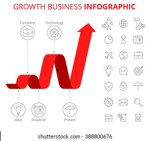 Vector design template and isolated icon set.  Business infographic, growth arrow, flat line elements. Upward red graph and icons depict process of increase profit and money.