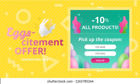 Vector design template of landing page header for the Easter sale with hero shot — call-to-action 'pick up the coupon'. Promotional marketing concept for Easter.
