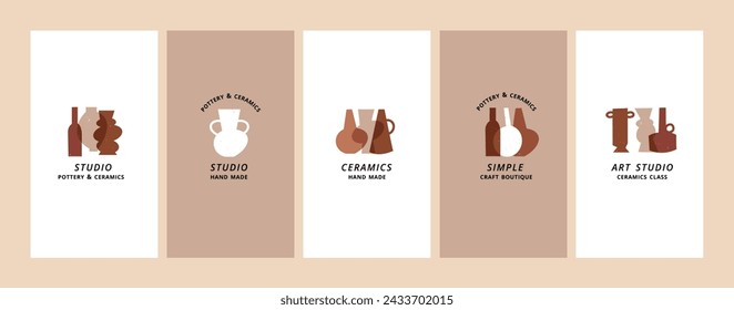 Logotipos o emblemas de plantilla de diseño vectorial - cerámica y cerámica en estilo boho. Productos hechos a mano y boutiques artesanales para los fondos de los medios sociales