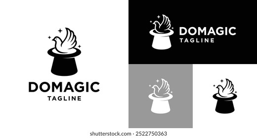 Modelo de design de vetor de combinação de logotipo de chapéu mágico com pomba. Show, magia, competição. Símbolo de ícone EPS 10.