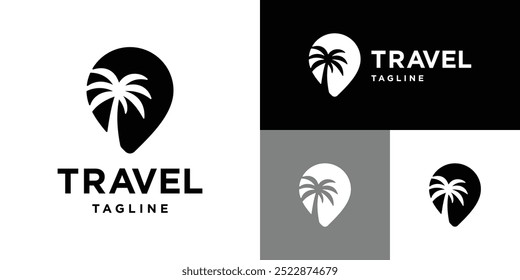 Vector design template of map pin logo combination with palm tree. Location, travel, journey. Icon symbol EPS 10.