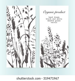 Vector design template. Meadow grass silhouettes in  inky black. Organic product, bio cosmetics and eco nature background. 
