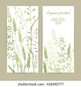 Vector design template. Meadow grass silhouettes in natural green colors. Organic product, bio cosmetics and eco nature background. 
