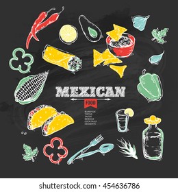 Vector design template for Mexican restaurant. handdrawn icons Mexican food