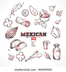 Vector design template for Mexican restaurant. handdrawn icons Mexican food