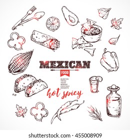 Vector design template for Mexican restaurant. handdrawn icons Mexican food