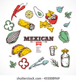 Vector design template for Mexican restaurant. handdrawn icons Mexican food