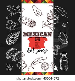 Vector design template for Mexican restaurant. handdrawn icons Mexican food
