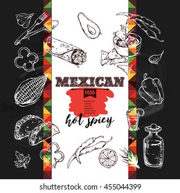 Vector design template for Mexican restaurant. handdrawn icons Mexican food