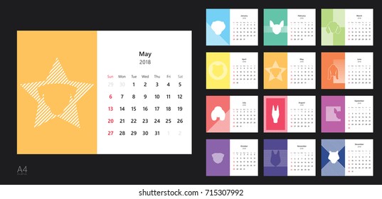 Vector design template of monthly calendar 2018 with dog. 