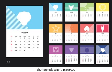 Vector design template of monthly calendar 2018 with dog. 