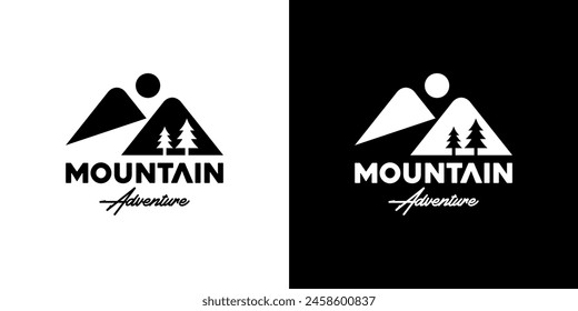 Vector design template of mountain logo. Views, adventure, pines, peaks. Icon symbols EPS 10