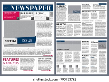 Modelo de design vetorial do jornal. Layout da página do jornal, ilustração da publicação modular da revista