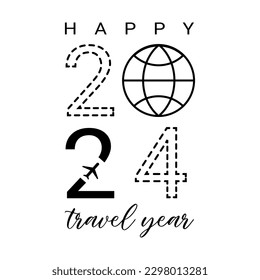 Vector design template for the number 2024 with plane and travel. The illustration includes a logo in the form of a black label, which can be used for diaries, notebooks, calendars, and web pages.
