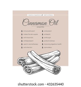 Vector design template for packaging cosmetic, label, banner, poster, identity, branding. Stylish design with sketch illustration of cinnamon sticks. Hair care, skin care. Cinnamon essential oil