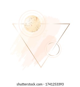 Vector design template. Pastel pink, nude brush strokes, color ball with a golden texture and golden triangle frame on a white background. 