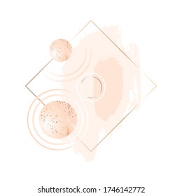 Plantilla de diseño de vectores. Pinzas nasales rosadas pasteles, rocas desnudas, bolas de color con textura dorada y marco dorado sobre fondo blanco. 