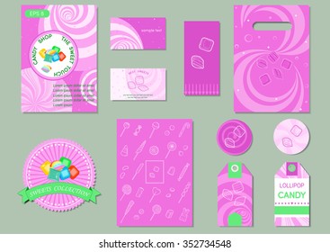 Vector design template with pillow candies on a lilac background