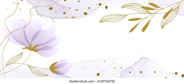 Vector design template with purple flowers, watercolor spots and a branch of golden leaves in a modern style. Creative frame with a place for text for invitations, banners, web, social networks.