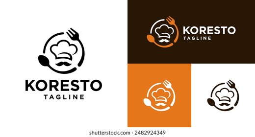 Vector design template of restaurant logo.
Chef hat, spoon, fork, menu, dishes.
Icon symbol EPS 10.