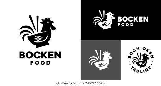 Vector design template of rooster logo combined with a bowl. Food, restaurants, ramen, animals. Icon symbol EPS 10.