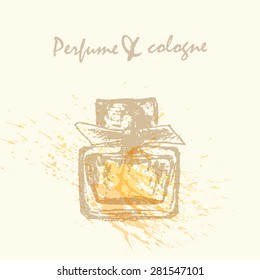 Vector design template. Rough sketch of perfume bottle in pastel colors on neutral background with watercolor splash. 