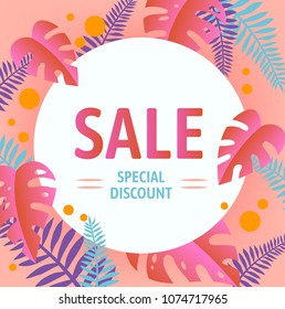 Vector design template for sale and special discount concept. Tropical leaves in Hawaiian style.