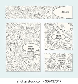 Vector design template set with banner, cover design and business card. Hand drawn doodle of various sea animals. Octopus, squid, lobster, dorado fish, prawn, mussels, crab in black lineart style.