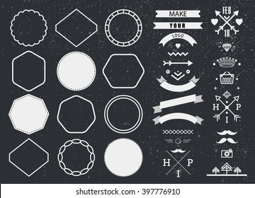 Vector design template set, collection for making badge, logo, stamp. Hipster frames, ribbons, arrows, design elements. 