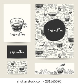 Vector design template set. Doodle coffee cups and beans and spices pattern for flyers, banner, cards and advertisement with space for your text.