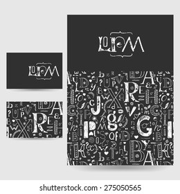 Vector design template. Set of flyer and business card with hand drawn doodle letters and decorative elements pattern in black and white. 