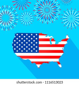 Vector design template with silhouette map of USA, flag and fireworks. Flat illustration