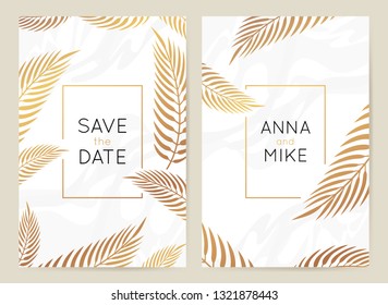 Vector design template in simple modern style with copy space for text - wedding invitation background and frame, luxury stationery and greeting card design with palm leaves and golden border