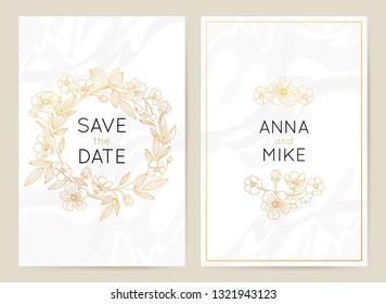 Vector design template in simple modern style with copy space for text - wedding invitation background and frame, luxury stationery and greeting card design with flowers and golden border