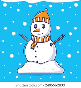 Vector design template of snowman cartoon characters with snowfall background. flat cartoon characters for winter celebrate