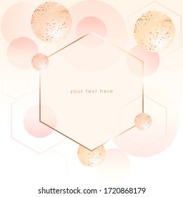 Vector design template for social media, banner, card, cover, poster. Pastel color geometric elements, and golden hexagon frame on a white background. 