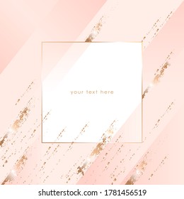 Vektordesign-Vorlage für Social Media, Banner, Karten, Cover, Poster. Pastellfarbene Formen, goldene Pinselstriche und goldener quadratischer Rahmen auf nacktem Hintergrund. 
