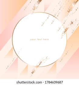 Vector design template for social media, banner, card, cover, poster. Pastel color shapes, golden brush strokes and gold circle frame on a nude background. 