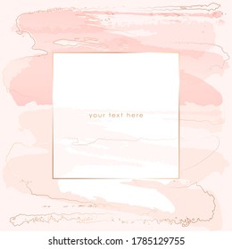 Vektordesign-Vorlage für Social Media, Banner, Karten, Cover, Poster. Pastellfarbene Formen, goldene Pinselstriche und goldener quadratischer Rahmen auf nacktem Hintergrund.