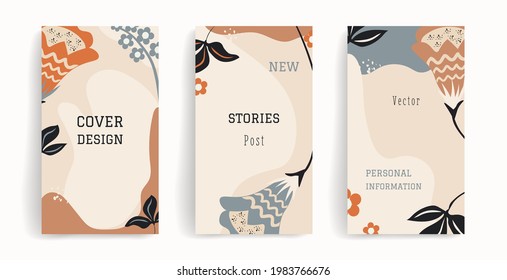 Vector design template for social media posts, stories, banners, mobile, ads. Layout with copy space for text, abstract shapes, flowers, leaves. Stylish natural colors. Orange, blue, beige, brown