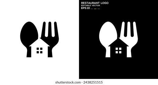 Vector design template of spoon and fork combined with house logo, restaurant, food stall, culinary, symbol icon EPS 10