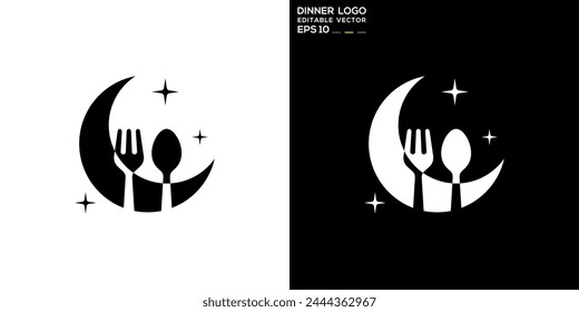 Plantilla de diseño de Vector de cuchara y tenedor combinado con logotipo de luna, cena, restaurante, símbolo de icono EPS 10