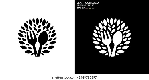 Vector design template of spoon and fork combination with leaf logo, restaurant, equipment, cutlery, vegetables, diet, symbol icon EPS 10
