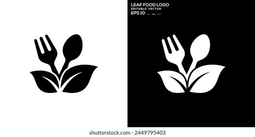 Vector design template of spoon and fork combination with leaf logo, restaurant, equipment, cutlery, vegetables, diet, symbol icon EPS 10