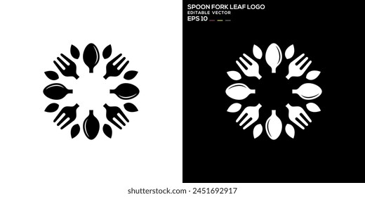 Vector design template of spoon and fork combination with leaf logo, restaurant, equipment, cutlery, vegetables, diet, symbol icon EPS 10