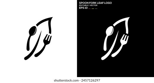 Vector design template of spoon and fork combination with leaf logo, restaurant, equipment, cutlery, vegetables, diet, symbol icon EPS 10
