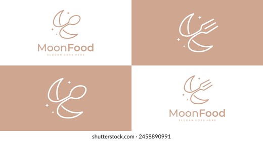  Vector Design Template of Spoon and Fork Combined With Moon Logo, Romantic Dinner, Restaurant, Icon Symbol.