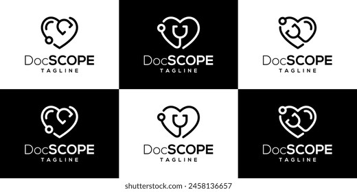 Vector design template of stethoscope combined with love logo.
Treatment, doctor, medical, care, concerned. Icon symbols EPS 10